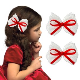 LMYMHMLM 2pcs Lace Hair Bows for Girls, White Lace and Red Hair Ribbons, Alligator Bow Hair Clips, Handmade Hair Accessories for Girls