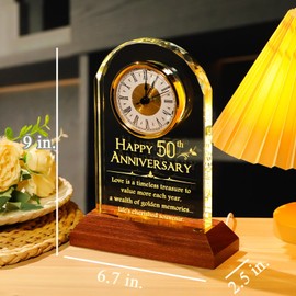 YWHL 50th Wedding Anniversary Clock Gifts for Parents Grandparents, 50 Years Anniversary Couple Gifts, Glass Table Clock Presents with Wooden Light Base for Home Decoration (Battery not Included)