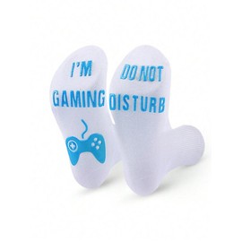 Men's 1 Pair Letter & Gamepad Print Glow In The Dark Crew Socks, Casual Comfy Breathable Anti-Slip Socks For Daily Wear, Men's Socks For Spring & Fall - Color: Blue And White, Size: EU39-42