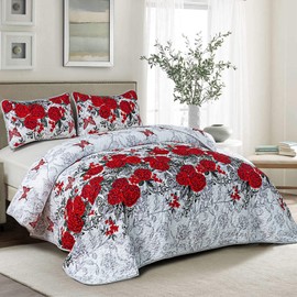 Yiran Red Flower Quilt Set with 2 Pillowcases Rose Floral Butterfly Bedspread for All Season Lightweight Soft Microfiber Coverlet Queen 90"x96"