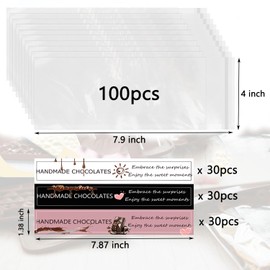 LTGICH 190Pcs Chocolate Bar Packaging Wrappers Stickers Set,100pcs 4"*7.9" Cellophane Clear Self Adhesive Bags and 90pcs Chocolate Stickers for DIY Chocolate Lover Small Batched Custom
