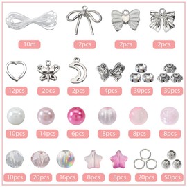 SUNNYCLUE 1 Box 273Pcs DIY 6 Sets Bracelet Making Kits Pink Bow Bead Bowknot Charm Romantic Love Kawaii Butterfly Moon Charms Star Glass Loose Spacer Beads for Jewelry Making Kits Adult Women Gifts