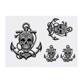 4 x 'Skull with Anchor & Rope' Temporary Tattoos - Water Resistant, Skin-Safe, Non-Toxic Transfers, Mixed Sizes (TO00070558)