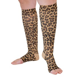Lymphedivas Leo Leopard Medical Graduated Compression Knee-High Sock Pair 20-30mmHg for Women and Men (Long Open-Toe Small)