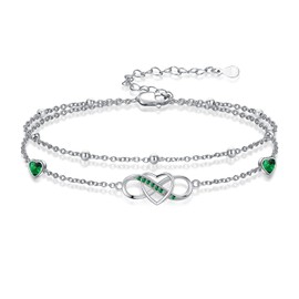 KoyeKei Infinity Heart Anklet for Women May Birthstone Green Emerald Layered Ankle Bracelet 925 Sterling Silver Summer Beach Jewelry Anniversary Birthday Gifts for Wife