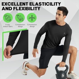 Men's Compression Shirts Long Sleeve Running Athletic Undershirts Workout Baseball Base Layer Fishing Rash Guard Tops 2 Pack Black