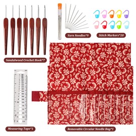 LOOEN Red Wood Smooth Crochet Hooks 2.0 mm - 5.0 mm with Mertric Numbers and 10 pcs Stitch Markers, 9 pcs Yarn Needles, 1 pc Measuring Tape, 1 pc Removable Circular Needle Bag