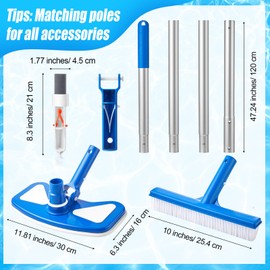 SiliFine 5 Pcs Swimming Pool Cleaning Kit 17.5'' Brush Head with 47'' Telescopic Aluminum Pole and Leaf Skimmer Net Vacuum Head Pumice Stone with Handle for Above Ground Pool Spa Hot Tub Maintenance