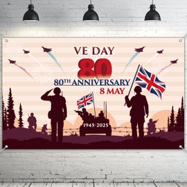AhfuLife VE Day 80th Anniversary 2025 Backdrop Banner, 200 x 120cm Large Flag Banner for 80 Years VE Day Party Street Home Wall Decorations Memorabilia Flag