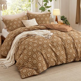 Bedsure Duvet Cover Queen Size - Reversible Floral Duvet Cover Set with Zipper Closure, 3 Pieces Caramel Bedding Set with 8 Corner Ties and 2 Pillow Shams 20"x26"