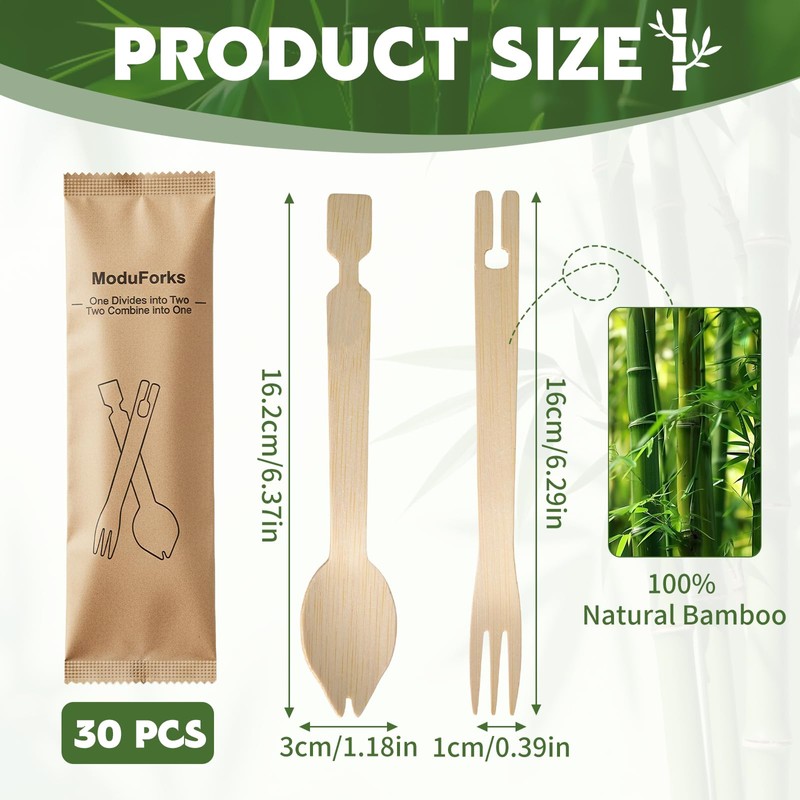 30 Sets Interlocking Bamboo Forks and Spoons, Bamboo Forks Spoons
