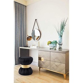 Meridian Furniture Vino Collection Modern | Contemporary Velvet Upholstered Hourglass Shaped Ottoman/Stool with Gold Finished Stainless Steel Band, 15.5" W x 15.5" D x 17" H, Black