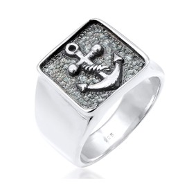 Kuzzoi 0607970419 Men's Signet Ring, Solid 14 mm Wide in 925 Sterling Silver, Black Oxidised with Anchor Symbol, Ring for Men in Ring Size 60-66, Sterling Silver