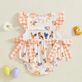 Newborn Baby Girl Outfits Farm Chicken Plaid Sleeveless Ruffle Smocked Romper Infant Bodysuit Western Clothes Summer (Apricot, 3-6 Months)