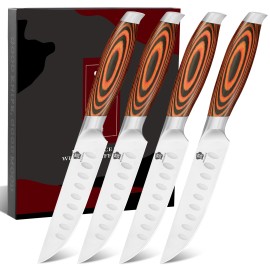 BIGSUNNY 5 Inch 4Pcs Professional Stainless Steel Steak Knife Pakkawood Handle Chef Knife Traditional Design for Kitchen Usecolor: Orange, kitchen knife size: 5 inch