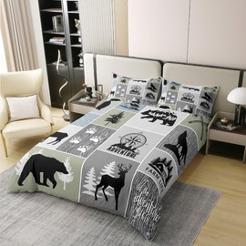 Adventure Cabin 100% Cotton Duvet Cover Wild Animals Bear Deer Wolf Decor Bedding Set for Kids Teens Adults Wooden Stripes Grid Rustic Farmhouse Comforter Cover with 2 Pillowcases Queen Size 3 Pcs