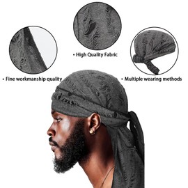 2 Pieces Durag Hat for Men, Silk Satin Durag Long Tail Pirate Wave Cap Durag Broken Feather Turban Headwear, Black Light Grey