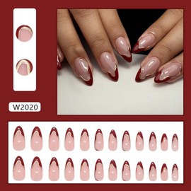 Almond Press on Nails Medium Fake Nails with Gold Curve Design Glossy Red French Tip Stick on Nails Skin Tones False Nail Reusable Full Cover Glue on Nail for Women Girls Manicure 24Pcs
