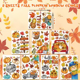 XZENTIRA 118 PCS Fall Window Clings Watercolor Disco Pumpkin Maple Leaves Scarecrow Window Decals Fall Decorations for Home Office Holiday Party Supplies Autumn Decor 8 Sheets