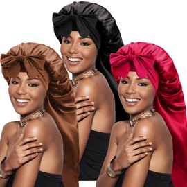 Tivcck 3Pcs Long Satin Bonnet for Braids,Large Silky Hair Bonnet with Tie,Braid Bonnet for Sleeping,Long Bonnet for Braids,Soft Silk Bonnet for Women Sleeping Curly Hair Dreadlocks