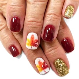 Vokupoga Fall Press on Nails Short Square Fake Nails Orange Sparkly False Nails with Maple Leaf Designs Glitter Glue on Nails Thanksgiving Nail Press ons Fall Cute Stick on Nails for Women 24Pcs