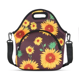 Violet Mist Neoprene Lunch Bags with Shoulder Strap Lunch Totes for Women Insulated Lunch Handbag Thermal Lunch Box Reusable Gourmet Bento Bag Pocket Zipper for Work Picnic Travel Gifts, Sunflower 1