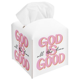Pink Christian Tissue Box Cover, God is Good All The Time, Square Decorative Tissue Box Holder, Christian Gifts for Women Men, PU Leather Toilet Paper Cover for Tabletop Office Decor-A16