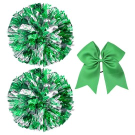 JIHUOO 2 Pcs Metallic Cheerleading Pom Poms Foil Cheer Pom Poms Cheerleader Pom Poms Dance Team Poms with Large Hair Bows for Sports Team Spirit Cheering Green