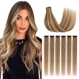 Silk-co Clip in Hair Extensions Real Human Hair Extension Double Weft With Lace Coverd Clip in Silky Straight Very Thin Highlight efffect for Women 6PCS 6Clip 16In #4P27 Medium Brown&Dark Blonde 40g