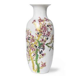 Dahlia Famille Rose Flower Vase, Handmade Chinese Porcelain, Birds on Peach Blossom, Rouleau Shape 15 Inches