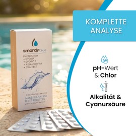 smardy 50 Photometer Test Tablets for PoolLab and Electronic Pool Testers - 10 x Phenol Red, DPD1, DPD3, Alka-M, CYA - Water Analysis for Pool, Hot Tub and Drinking Water - 5-10 Years Shelf Life