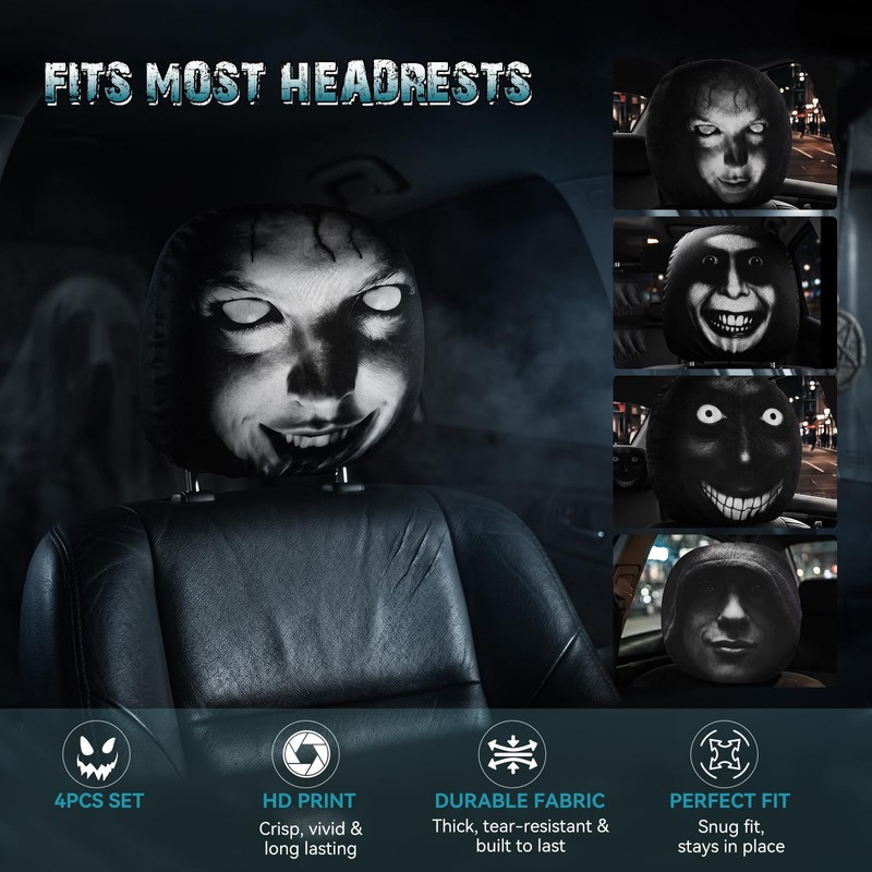 4 PCS Ghost Face Headrest Covers,Scary Headrest Covers for Cars