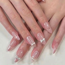 IMRAIN Press on Nails Medium Almond Fake Nails Pink Chrome French Tips False Nails with Pearl Bow Designs Glossy Glue on Acrylic Nails Full Cover Cute Stiletto Gel Stick on Nails for Women Girls