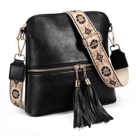 UTO Women's Stylish Shoulder Bag with Tassels Zip PU Leather Handbag Shoulder Bag Faux Leather Many Compartments Wide Strap Crossbody Bag with Adjustable Shoulder Strap Black, 1308 Black