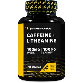 PrimaForce Cafeína con L-teanina - 100 mg - 180 cápsulas - 180 porciones, Sin OMG - Sin soja - Sin gluten                                             