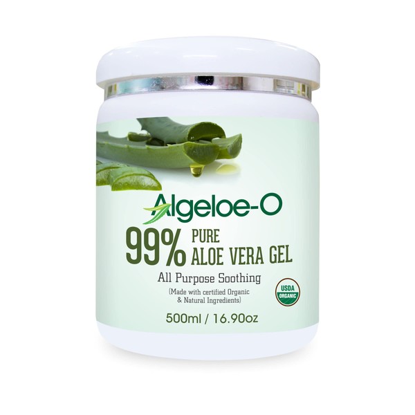 ALGELOE-O Organic Aloe Vera Gel 99% Pure Natural made with USDA Certified Aloe Vera Powder Paraben, sulfate free with no added color 500ml/16.9oz.