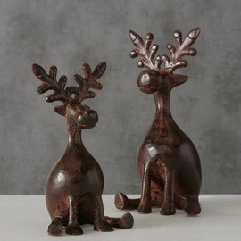 Boltze 2016670 Tarnow 2-Piece Figurine (Brown, Stag Figures / Reindeer Made of Metal, Decoration for Christmas, Size 8 x 8 x 16 cm / 10 x 10 x 21 cm, Reindeer Sitting)