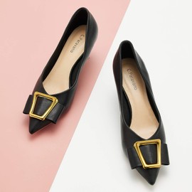 C.Paravano Luxury Pointed Toe Kitten Heels | Metal Accent Pumps for Weddings, Gallery Openings & Office Attire | Soft Leather Comfort | Style with Midi Skirts or Summer Linen(Black,Size 9.5)