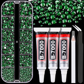 Resin Rhinestones for Crafting with B7000 Jewelry Glue, 1 Box Dark Green Flatback Crystals with 3Pcs 10ml Glue for Bedazzling Crafts DIY Nail Art Makeup，Non Hotfix Gems for Clothing Shoes