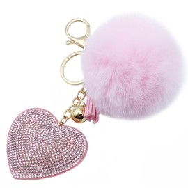 Unpafcxddyig Pom Pom Keychain Fluffy Ball Tote Pendant with Tassels Heart Crystal Rhinestone for Car Handbag Keyring,pink
