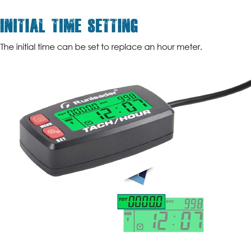 Runleader Digital Tach Hour Meter Self Powered Maintenance RPM Alert