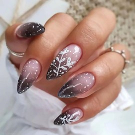 Christmas Press on Nails Almond-24Pcs Black Artificial Fake Nails with Winter Leaf Designs Xmas Glossy Full Cover Medium Acrylic False Nails Glue Stick on Fingernails for Women Girls