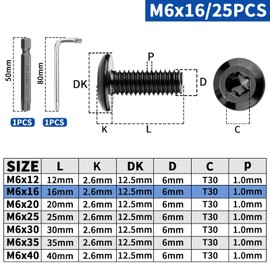 XRXYMQ Pack of 25 Flat Head Screws M6 x 16 mm Rounded Head Screws M6 Screws Black 304 Stainless Steel Machine Screws for Furniture Installation Wood Mounting with Torx Key Bit Screwdriver