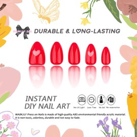 Valentines Press on Nails Short Almond MABKJLF Red Fake Nails False Nails with Heart Designs Pure Color Full Cover Glossy Glue on Nails Acrylic Nails for Women Girls 24 Pcs