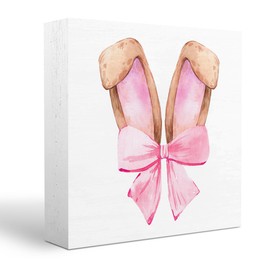 Pink Bunny Decor Easter Decorations Easter Decor Pink Bow Decor Home Farmhouse Office Bedroom Living Room Decor Rustic Rabbit Wooden Box Block Plaque Wooden Box Sign for Desk Table Bookshelf Tabletop
