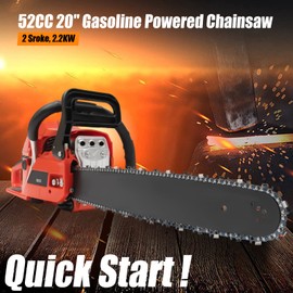 52CC 2-Stroke Gas Powered Chainsaw, 20In Top Handle Chainsaw Handheld Cordless Petrol Chain Saw Set w/Tool Bag, 2.2KW Powerful Engine Commercial Logging Saw for Tree Wood Cutting, Limbing