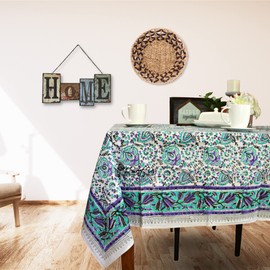 Sweet Us Ashlyn Block Print Tablecloth for Square Tables 70x70 and One Gray Napkin, Floral Cotton Kitchen, Dining Linen, Purple, Turquoise, Beige
