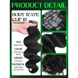 Anrosa 14 Inch Body Wave Clip in Extensions Real Human Hair Extensions Clip Ins Natural Black PU Clip Human Hair Extensions for Black Women #1B 115g 8pcs