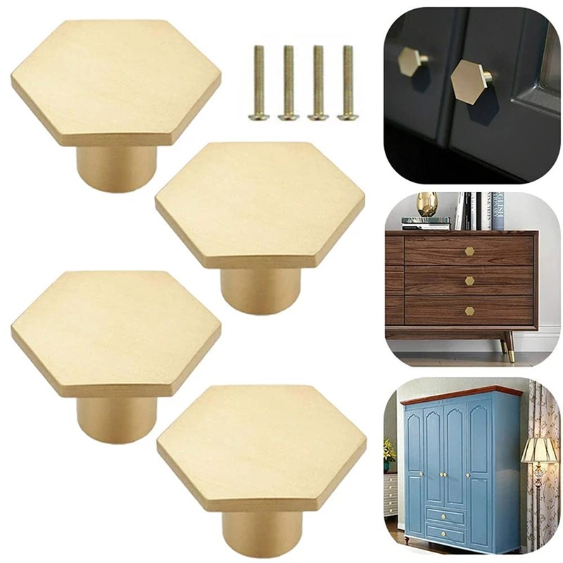 XNJIHWA 2Pcs Solid Brass Hexagon Knobs Hexagonal Gold Drawer Knobs