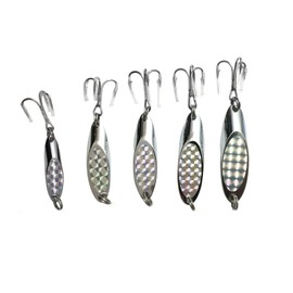 5pcs 5-Size Fish WOW! Fishing Kast Spoon with a Treble Hook Fish Chrome Jig Bait Lures Holographic Laser Silver Tape Kast Master Style Champ Spoons - 1/2oz, 3/4oz, 1oz, 1-1/2oz, 2oz